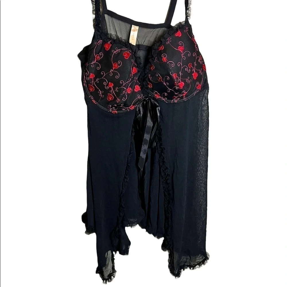 Cacique Sheer Nightgown Hearts Black Red Size 18/20 Valentines